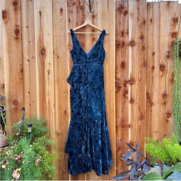 Teal Blue Floral Velvet Chiffon Ruffled Low-Back Maxi Dress 🌿 - Picture 7 of 8